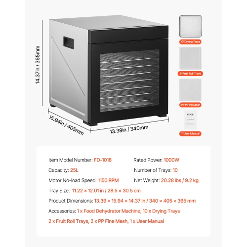 VEVOR 1000W Food Dehydrator Machine, 10 Stainless Steel Trays, Electric Food Dryer with Adjustable Temperature & 24-Hour Timer, Freeze Dryer for