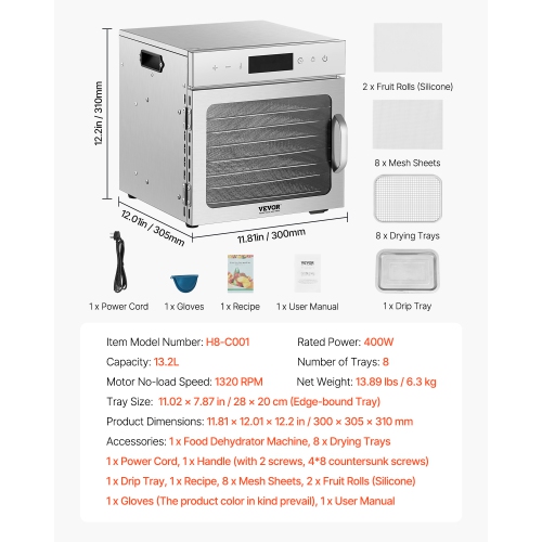 VEVOR 400W Food Dehydrator Machine, 8 Stainless Steel Trays, Electric Food Dryer with Adjustable Temperature & 24-Hour Timer, Freeze Dryer for Jerky,