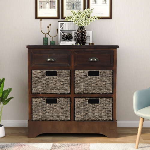 HOMY CASA  Rustic Storage Cabinet With Two Drawers And Four Classic Rattan Basket for Dining Room Living Room, Espresso
