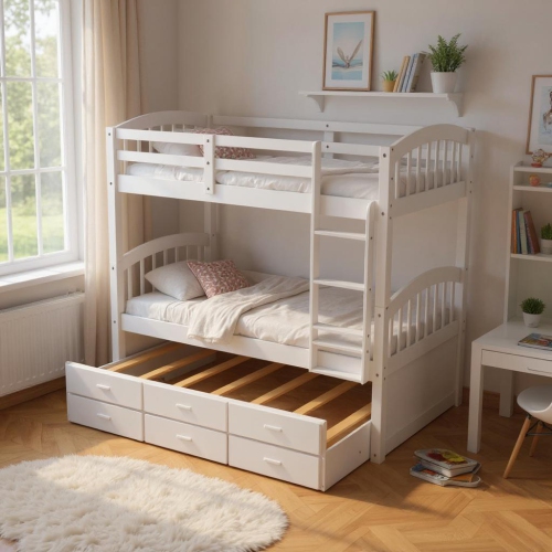 Homy Casa Twin over Twin Wood Bunk Bed with Trundle and Drawers