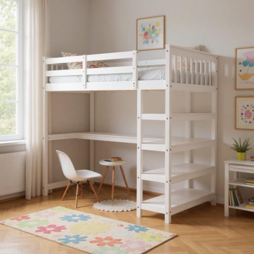 Homy Casa Twin Size Loft Bed with Storage Shelves and Under-bed Desk