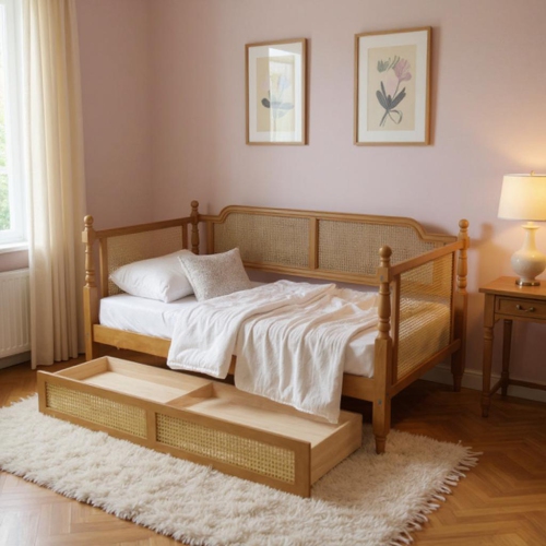 Homy Casa Traditional Rattan Twin Size Daybed Frame with 2 Drawers