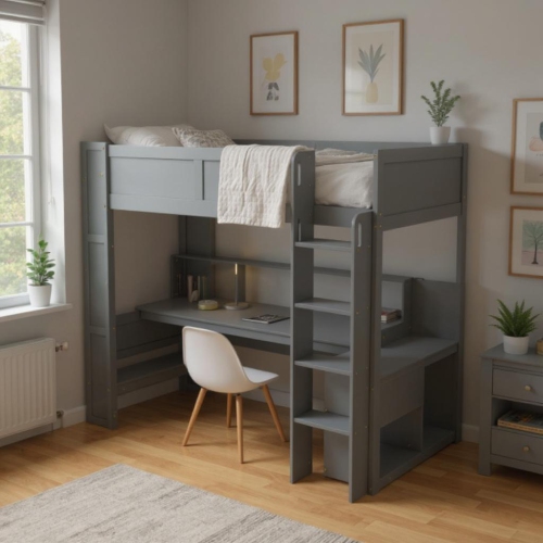 Homy Casa Wood Twin Size Gaming Loft Bed with Desk