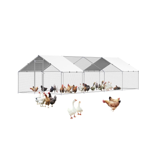 VEVOR 9.8x26.2x6.5 ft Metal Chicken Coop, Large Walk-in Chicken Runs with Cover, Spire Roof Enclosure with Security Lock, Outdoor Cage Poultry Pen