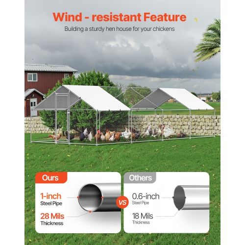 VEVOR 9.8x26.2x6.5 ft Metal Chicken Coop, Large Walk-in Chicken Runs with Cover, Spire Roof Enclosure with Security Lock, Outdoor Cage Poultry Pen