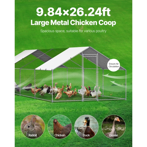 VEVOR 9.8x26.2x6.5 ft Metal Chicken Coop, Large Walk-in Chicken Runs with Cover, Spire Roof Enclosure with Security Lock, Outdoor Cage Poultry Pen