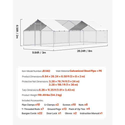 VEVOR 9.8x26.2x6.5 ft Metal Chicken Coop, Large Walk-in Chicken Runs with Cover, Spire Roof Enclosure with Security Lock, Outdoor Cage Poultry Pen