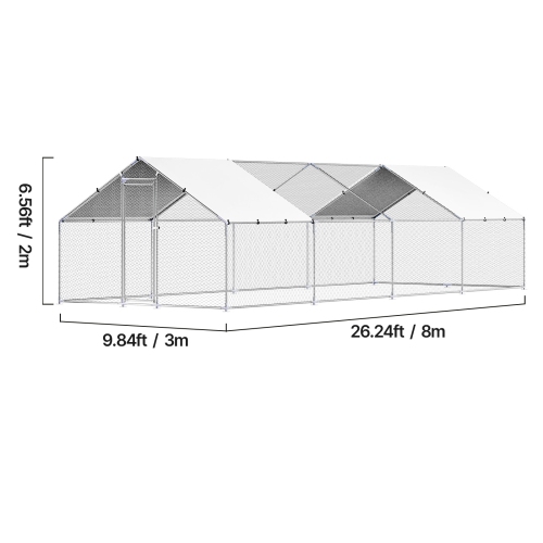VEVOR 9.8x26.2x6.5 ft Metal Chicken Coop, Large Walk-in Chicken Runs with Cover, Spire Roof Enclosure with Security Lock, Outdoor Cage Poultry Pen