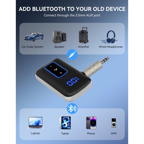 Adaptateur auxiliaire Bluetooth 5,3 pour l'auto, récepteur audio sans fil 3,5 mm pour casques d'écoute avec fil et chaînes stéréo maison
