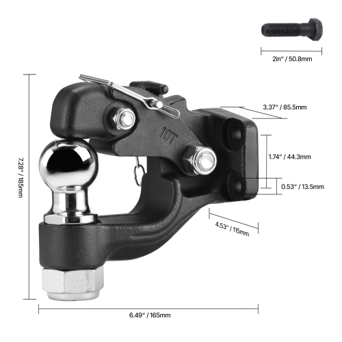 VEVOR 20000 lbs Pintle Hook, Trailer Hitches Receiver Hook Combination 2-inch Hitch Ball, Fits for 2.5 to 3-inch Lunette Ring with Mounting Kit,