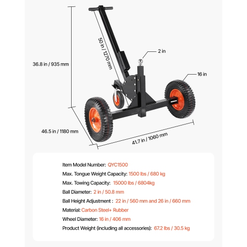 VEVOR Trailer Dolly, 1500lbs Tongue Weight Capacity, 2 in 1 Trailer Mover with 22 in and 26 in Adjustable Height and 2 in Ball, 16 in Pneumatic Tires