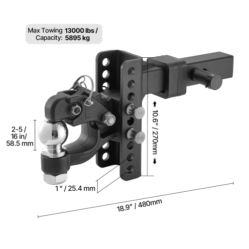 VEVOR Adjustable Trailer Hitch, Fit 2-Inch Receiver, Trailer Hitch Ball Mount with 2-5/16” Ball & Pin, 13000 lbs Ball Hitch, 6-Inch Drop, for Heavy