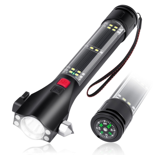 Multifunctional Solar Emergency Flashlight, Portable Car Safety Tool with Hammer, Seat Belt Cutter, Rechargeable Alarm, and Compass