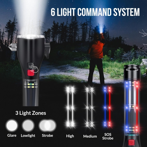 Multifunctional Solar Emergency Flashlight, Portable Car Safety Tool with Hammer, Seat Belt Cutter, Rechargeable Alarm, and Compass