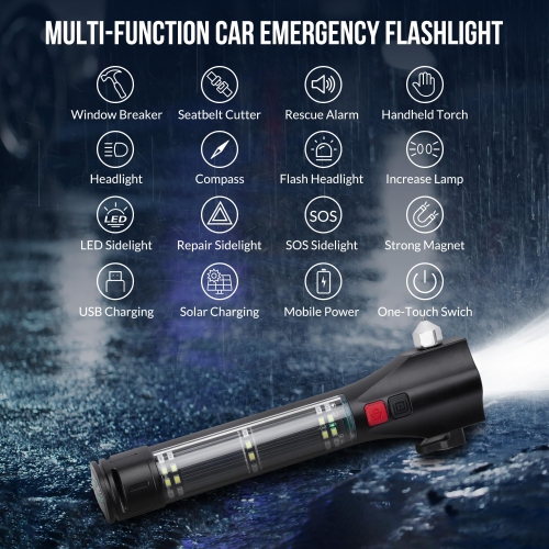 Multifunctional Solar Emergency Flashlight, Portable Car Safety Tool with Hammer, Seat Belt Cutter, Rechargeable Alarm, and Compass