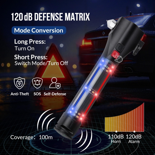 Multifunctional Solar Emergency Flashlight, Portable Car Safety Tool with Hammer, Seat Belt Cutter, Rechargeable Alarm, and Compass