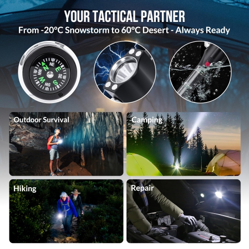 Multifunctional Solar Emergency Flashlight, Portable Car Safety Tool with Hammer, Seat Belt Cutter, Rechargeable Alarm, and Compass