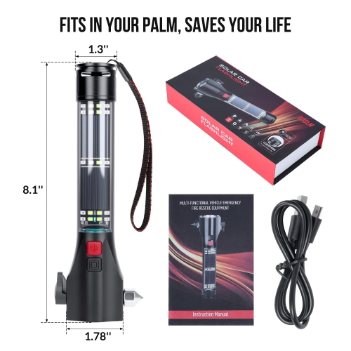 Multifunctional Solar Emergency Flashlight, Portable Car Safety Tool with Hammer, Seat Belt Cutter, Rechargeable Alarm, and Compass