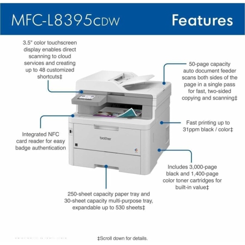 Brother – Imprimante laser couleur tout-en-un MFC-L8395CDW, 33 ppm, impression recto verso, capacité de 250 feuilles, Wi-Fi et Ethernet Idéal