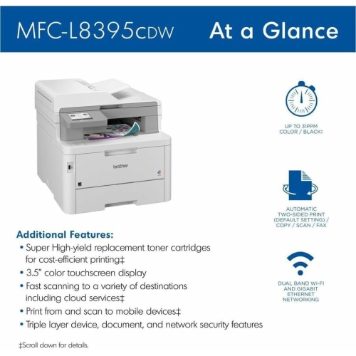 Brother – Imprimante laser couleur tout-en-un MFC-L8395CDW, 33 ppm, impression recto verso, capacité de 250 feuilles, Wi-Fi et Ethernet Idéal