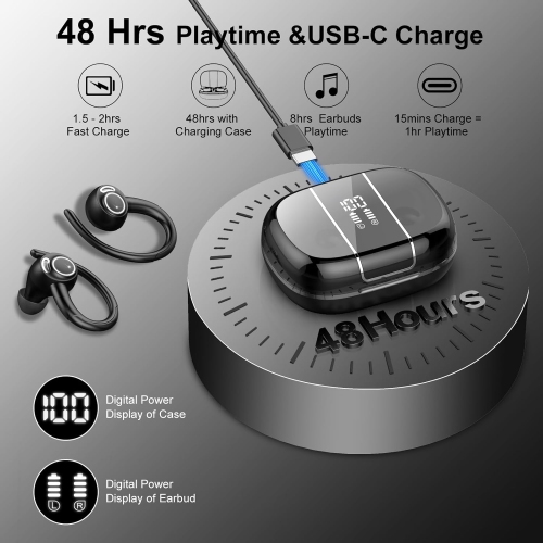Wireless Earbuds Bluetooth Headphones Sports,Over Ear Buds with Mic,Stereo Bluetooth Earbuds with Hook,LED Display,On-Ear Earphones for