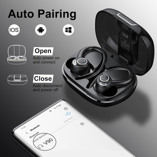 Wireless Earbuds Bluetooth Headphones Sports,Over Ear Buds with Mic,Stereo Bluetooth Earbuds with Hook,LED Display,On-Ear Earphones for