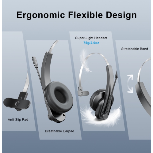 Bluetooth Headset for Computer,Single-Ear Wireless Headset with Noise Cancelling Microphone for Office & Truckers,Over-Ear 2.4G Bluetooth Headphone