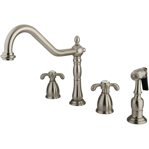 KINGSTON Brass KB1798TXBS French Country Widespread Kitchen Faucet with Brass Sprayer, Satin Nickel, 8-1/4"