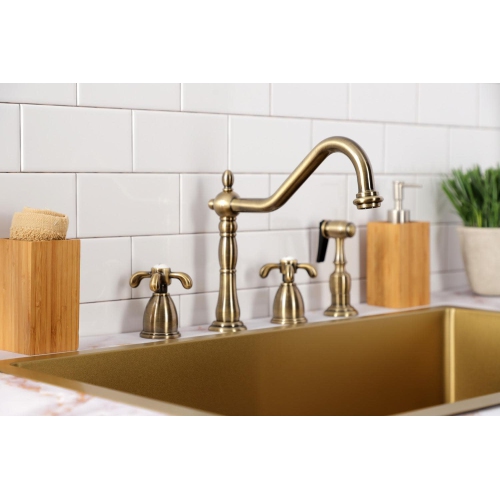 KINGSTON Brass KB1798TXBS French Country Widespread Kitchen Faucet with Brass Sprayer, Satin Nickel, 8-1/4"