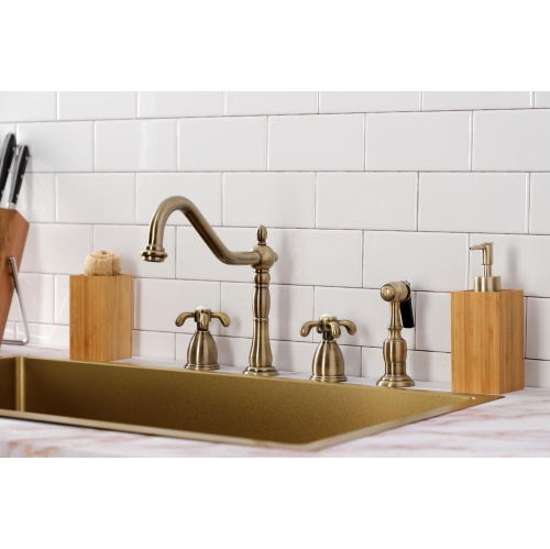 KINGSTON Brass KB1798TXBS French Country Widespread Kitchen Faucet with Brass Sprayer, Satin Nickel, 8-1/4"