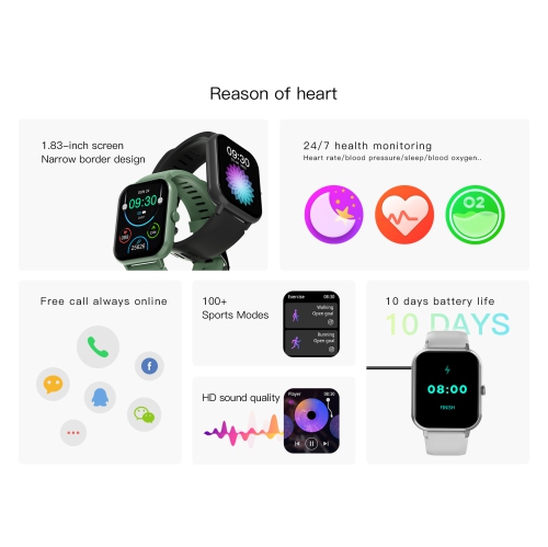 Unisex Smartwatch, 1.83 Inch Smartwatch with Make/Receive Calls, Multi-Sport Heart Rate Health Watch with 100+ Sports Modes - Silicone Band Silver