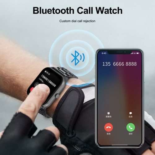 Touch screen smartwatch, IP67 waterproof, solid steel band, over 100 sports modes, 1.83-inch square screen multi-function sports health watch - silver