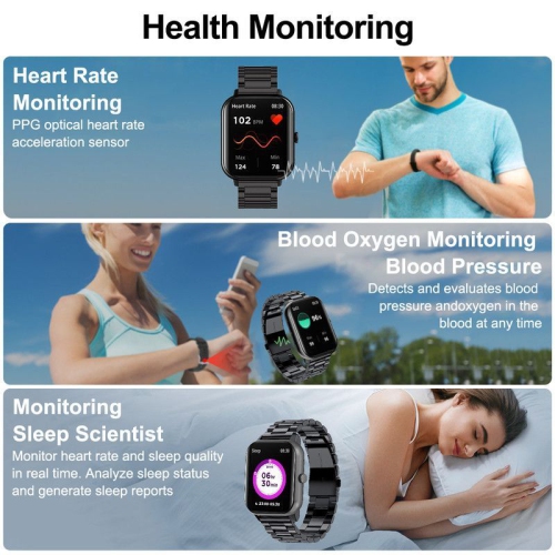 Touch screen smartwatch, IP67 waterproof, solid steel band, over 100 sports modes, 1.83-inch square screen multi-function sports health watch - silver