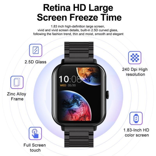 Touch screen smartwatch, IP67 waterproof, solid steel band, over 100 sports modes, 1.83-inch square screen multi-function sports health watch - silver