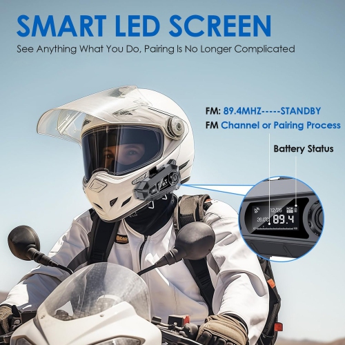 Bluetooth Motorcycle Helmet Headset 1000mAh Battery Waterproof Noise Reduction BT 5.3 Headphones With LED Screen FM Function