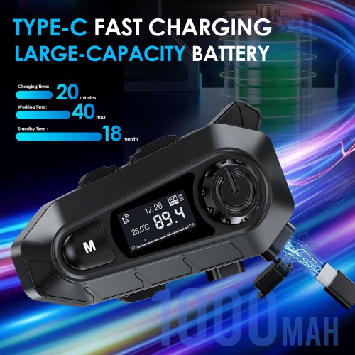 Bluetooth Motorcycle Helmet Headset 1000mAh Battery Waterproof Noise Reduction BT 5.3 Headphones With LED Screen FM Function