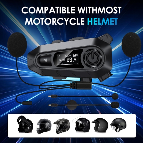 Bluetooth Motorcycle Helmet Headset 1000mAh Battery Waterproof Noise Reduction BT 5.3 Headphones With LED Screen FM Function