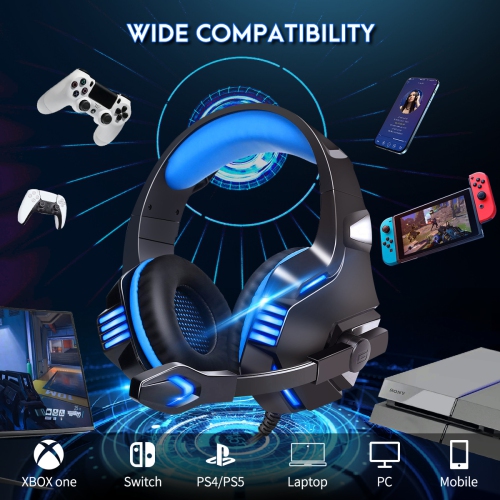 Casque de jeu avec fil V3 pour Xbox One, PS4, PC, Switch avec micro à suppression du bruit, lumière LED, son ambiophonique stéréo basse - Bleu rouge