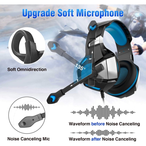 Casque de jeu avec fil V3 pour Xbox One, PS4, PC, Switch avec micro à suppression du bruit, lumière LED, son ambiophonique stéréo basse - Bleu rouge