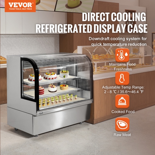 VEVOR 18 Cu.Ft./505L Refrigerated Display Case, Large Pastry Display Case, 2-Tier Commercial Display Refrigerator with LED Lighting, Downdraft