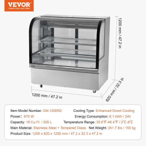 VEVOR 18 Cu.Ft./505L Refrigerated Display Case, Large Pastry Display Case, 2-Tier Commercial Display Refrigerator with LED Lighting, Downdraft