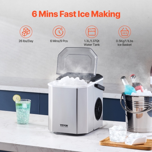 VEVOR Countertop Ice Maker, 9 Cubes Ready in 6 Mins, 26lbs in 24Hrs, Self-Cleaning Portable Ice Maker with Ice Scoop and Basket, Ice Machine with 2