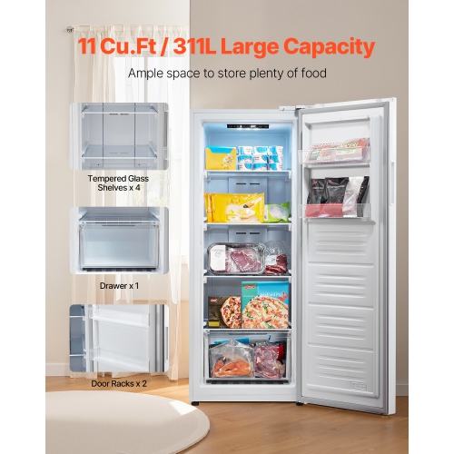 VEVOR 11 Cu.Ft Convertible Freezer/Refrigerator, Frost Free Upright Freezer with Temp Control Panel, Reversible Door, Adjustable Glass Shelves and