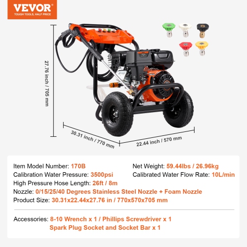 VEVOR 3500 PSI 2.6 GPM Gas Pressure Washer, Gas Powered Pressure Washer with Aluminum Pump, Spray Gun and Extension Wand, 5 Nozzle Set, for Cars,