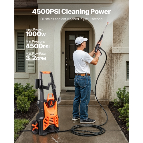 VEVOR 4500 PSI and 3.2 GPM Max Electric Pressure Washer, High Power Pressure Cleaning Machine with 4 Quick Connect Nozzles and a Foam Cannon, Ideal