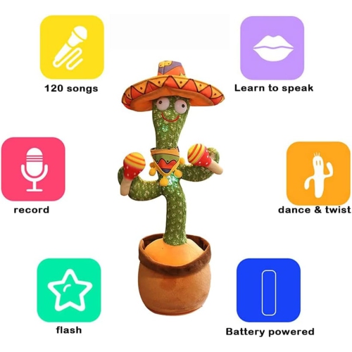 Singing and Dancing Cactus Plush Toy - Interactive Talking, Recording, Lighting, Dancing, USB Rechargeable, 120 Songs - Fun Gift for Kids