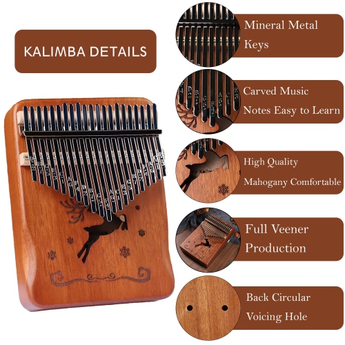 Portable 21-key thumb piano - hand-carved wooden kalimba with musical notes, suitable for children and adult beginners, is an ideal musical