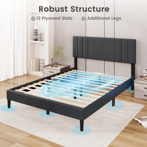 Gymax Twin / Full / Queen Size Bed Frame w/ Vertical Channel Tufted Headboard & Wooden Slats