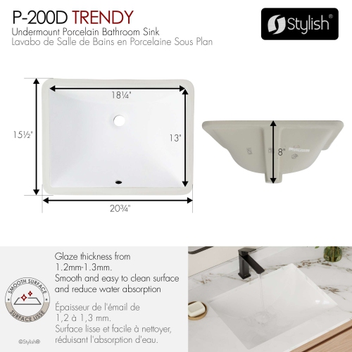 Évier de salle de bain rectangulaire sous comptoir blanc, 20,75 po larg. X 15,5 po prof. avec drain escamotable