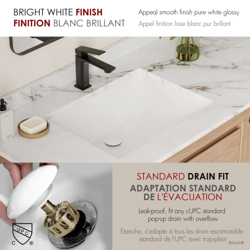 Évier de salle de bain rectangulaire sous comptoir blanc, 20,75 po larg. X 15,5 po prof. avec drain escamotable